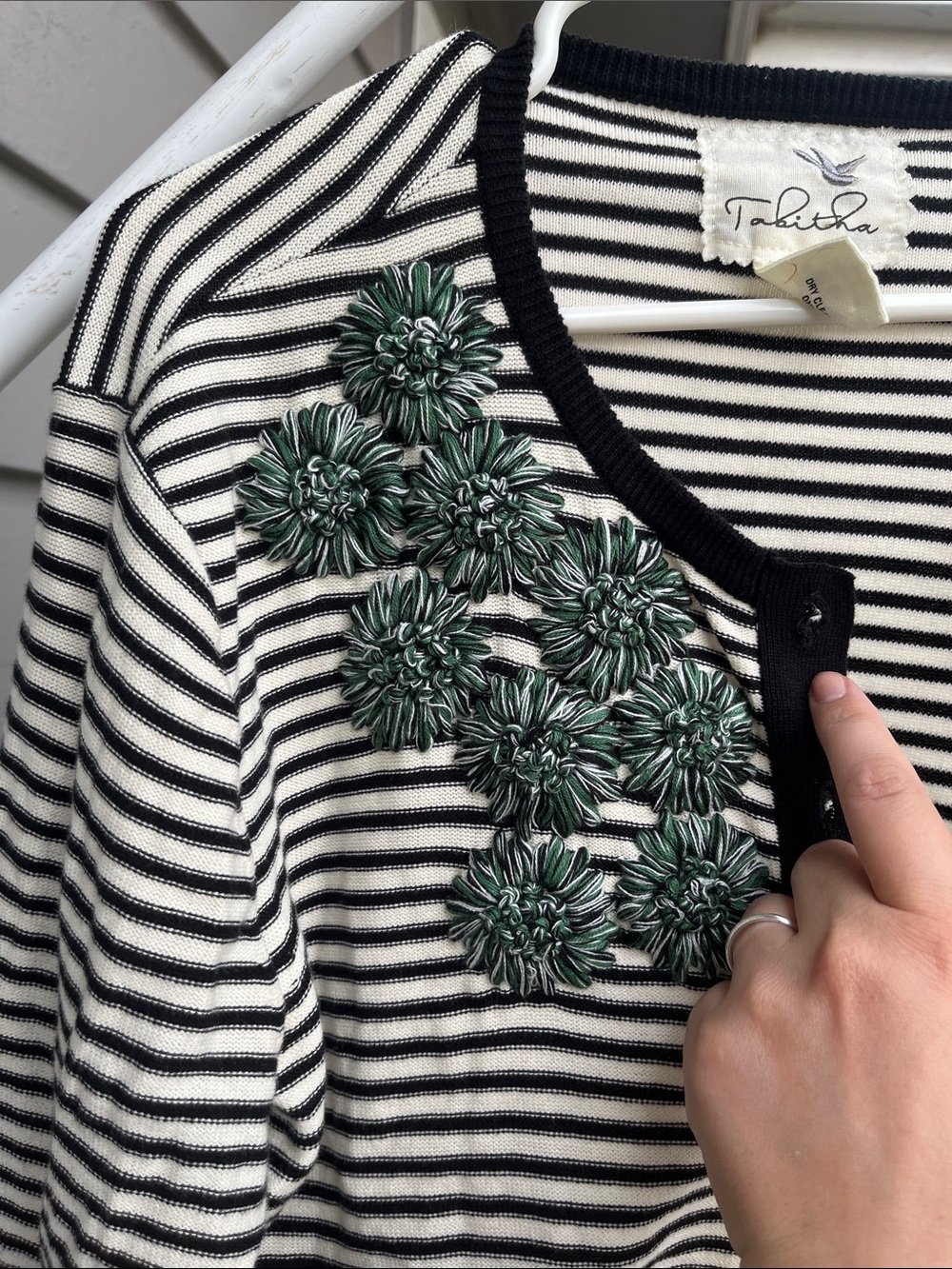 Tabitha Black and White Striped Open-Front Cardigan with Green Floral Embroidery - Picture 4 of 5